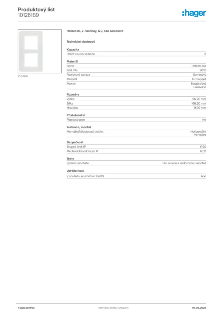 Obrázek Hager Product data sheet 10126189 | Hager