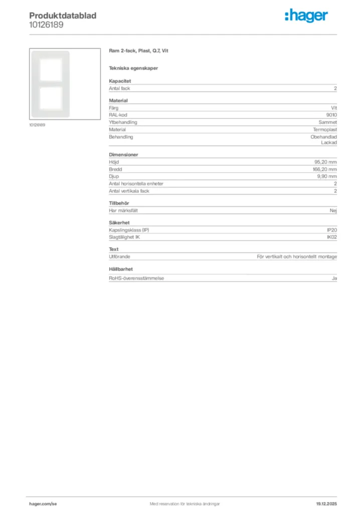 Bild Hager Produktdatablad 10126189 | Hager Sverige