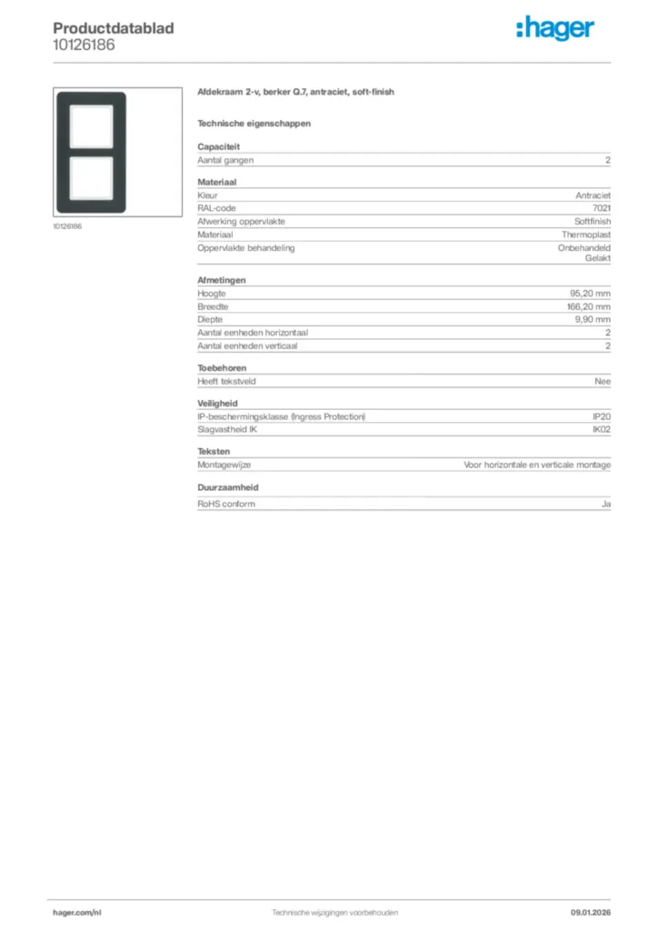 Afbeelding Hager Productdatablad 10126186 | Hager Nederland