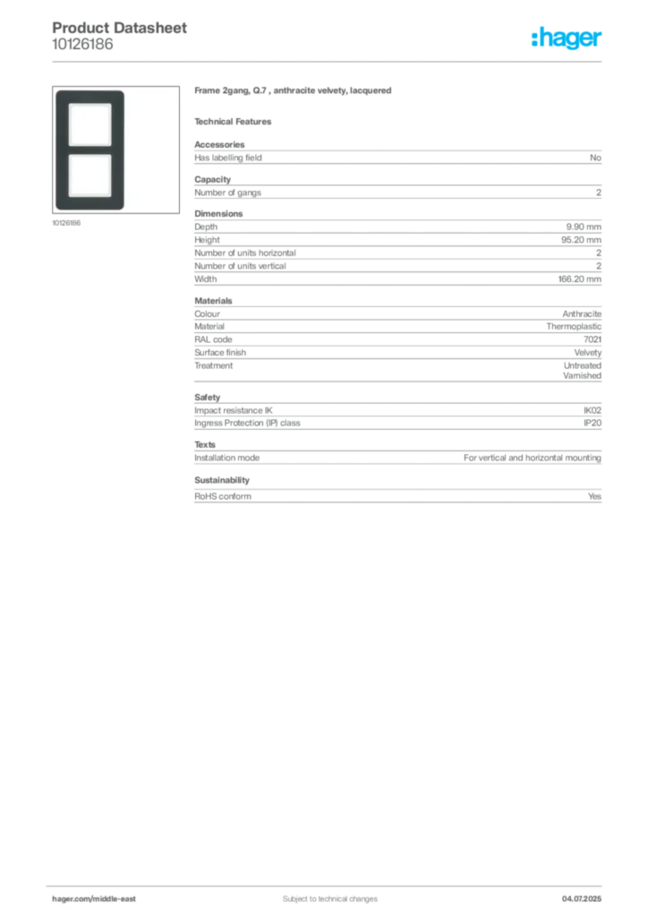 Image Hager Product data sheet 10126186  | Hager