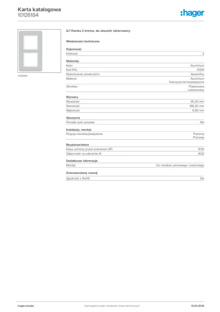 Zdjęcie Hager Karta katalogowa 10126184 | Hager Polska