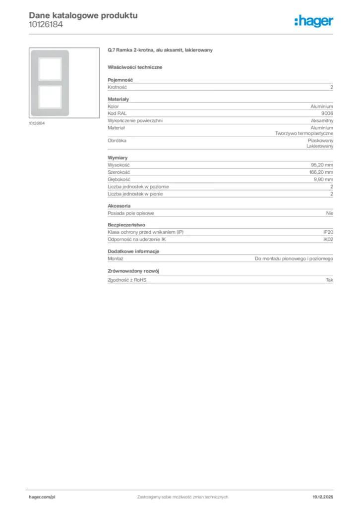Zdjęcie Hager Karta katalogowa 10126184 | Hager Polska