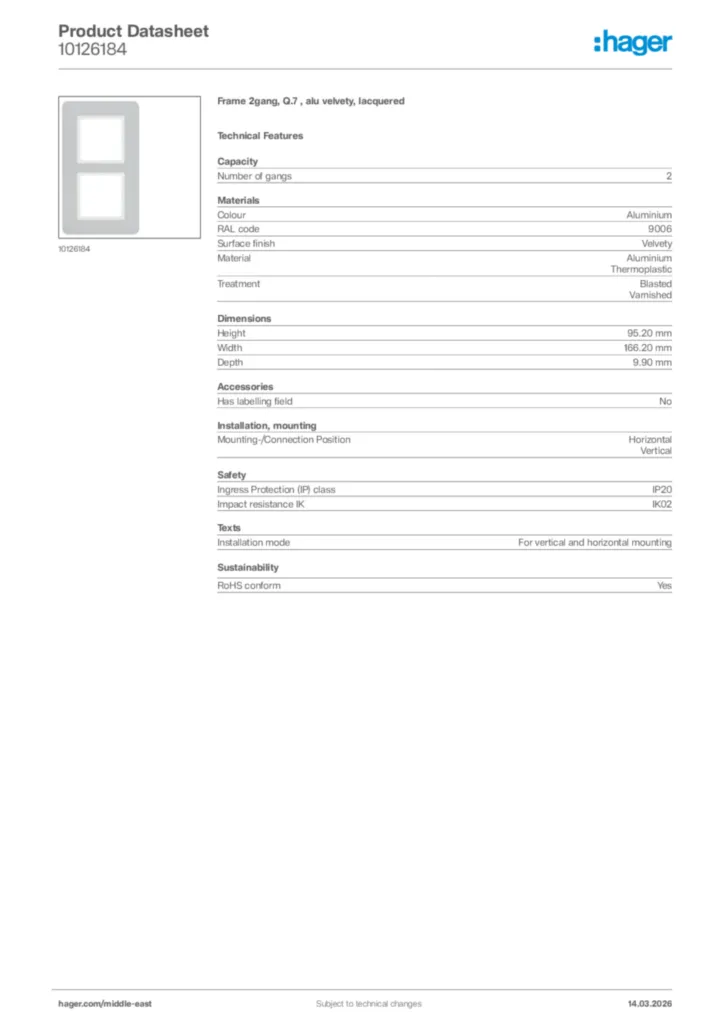 Image Hager Product data sheet 10126184  | Hager