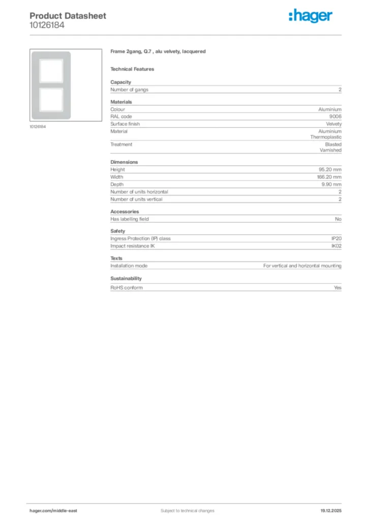 Image Hager Product data sheet 10126184  | Hager