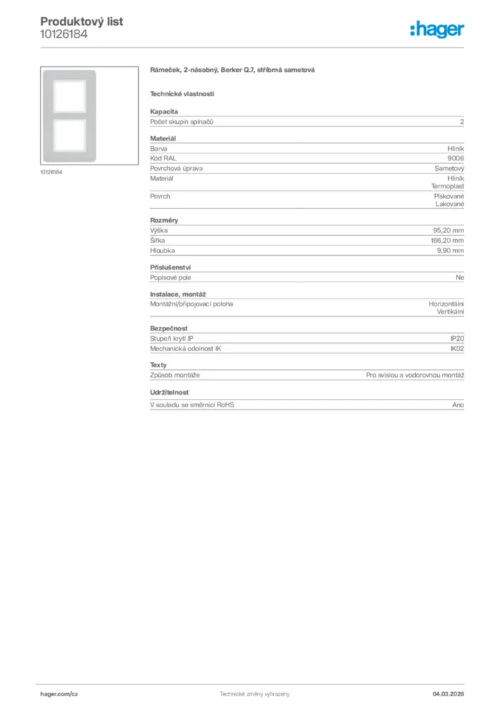 Obrázek Hager Product data sheet 10126184 | Hager