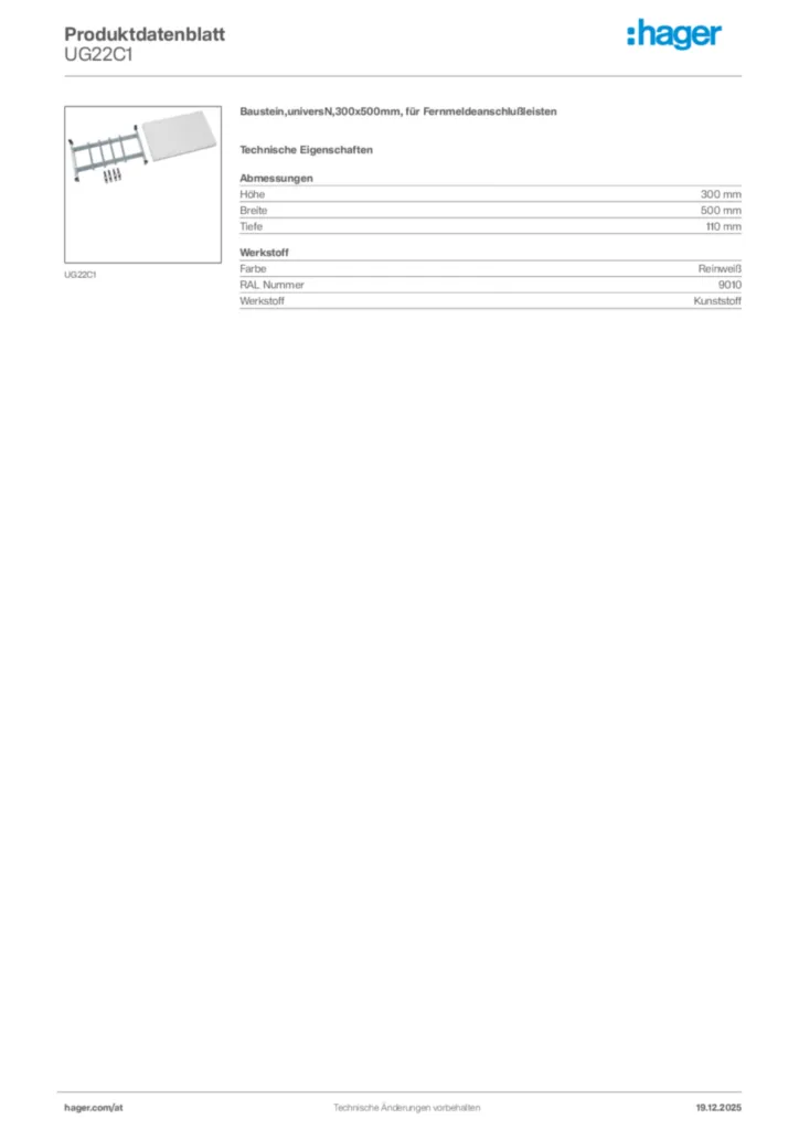Bild Hager Produktdatenblatt UG22C1 | Hager Deutschland