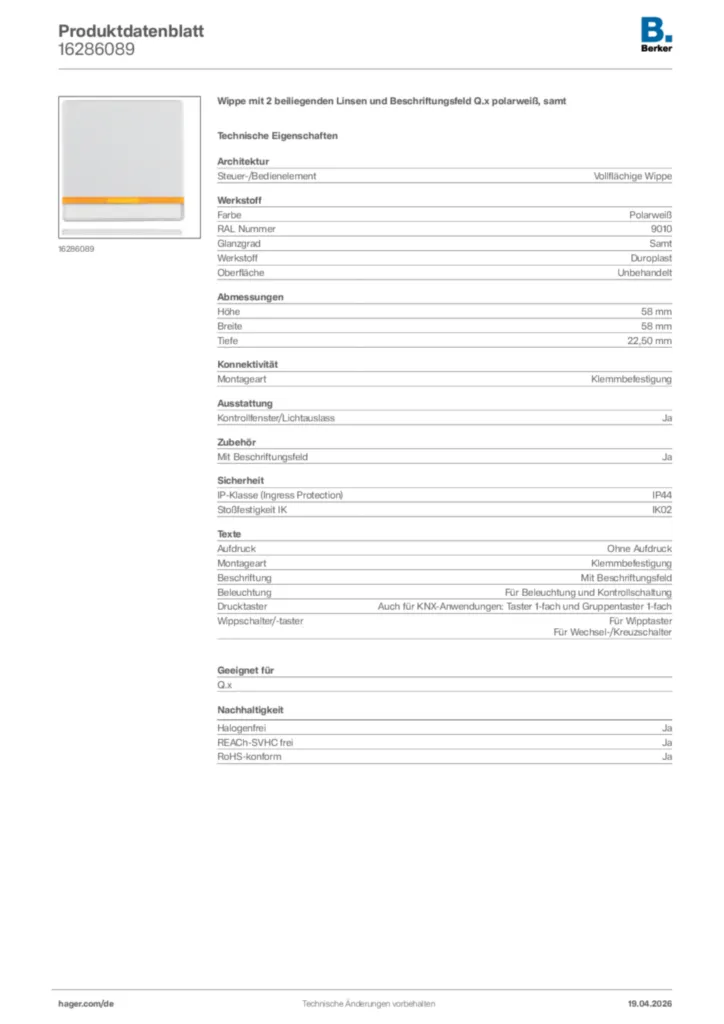 Bild Berker Produktdatenblatt 16286089 | Hager Deutschland
