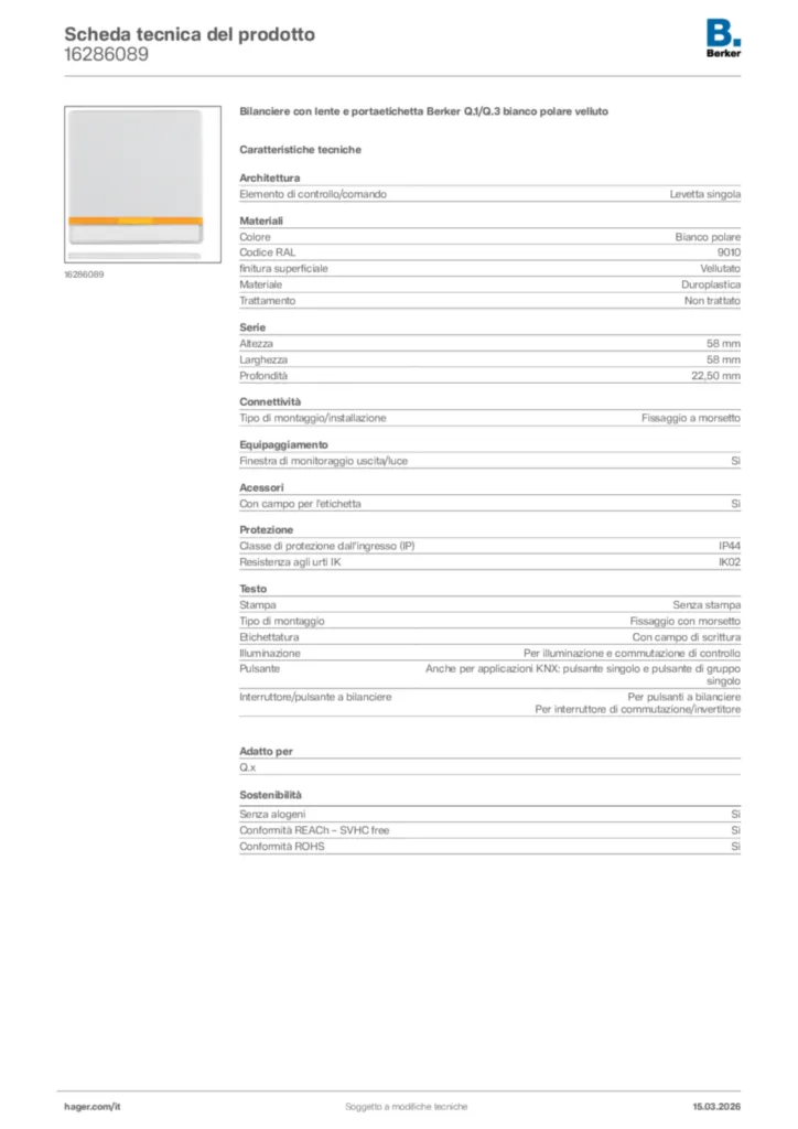 Immagine Berker Scheda tecnica del prodotto 16286089 | Hager Italia