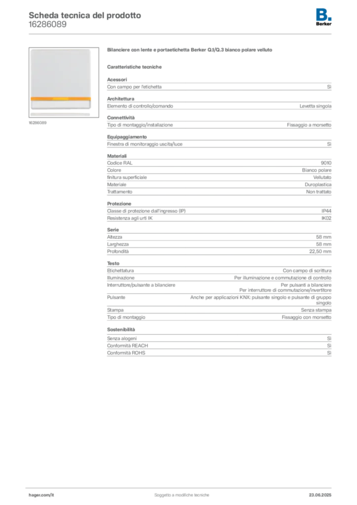 Immagine Berker Scheda tecnica del prodotto 16286089 | Hager Italia