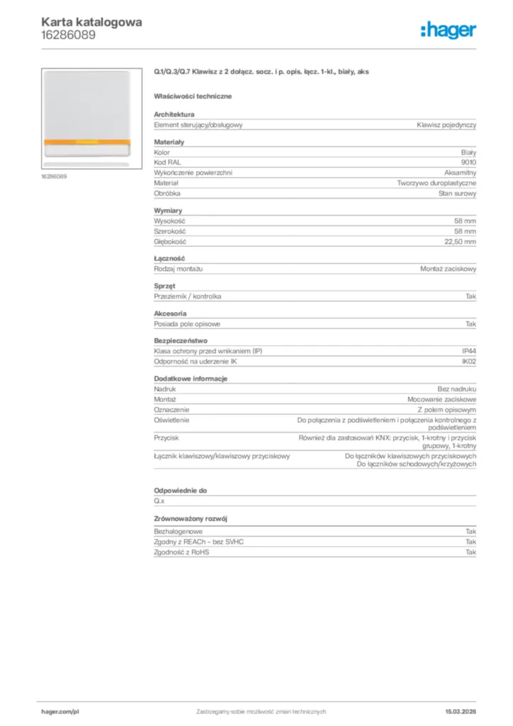 Zdjęcie Hager Karta katalogowa 16286089 | Hager Polska