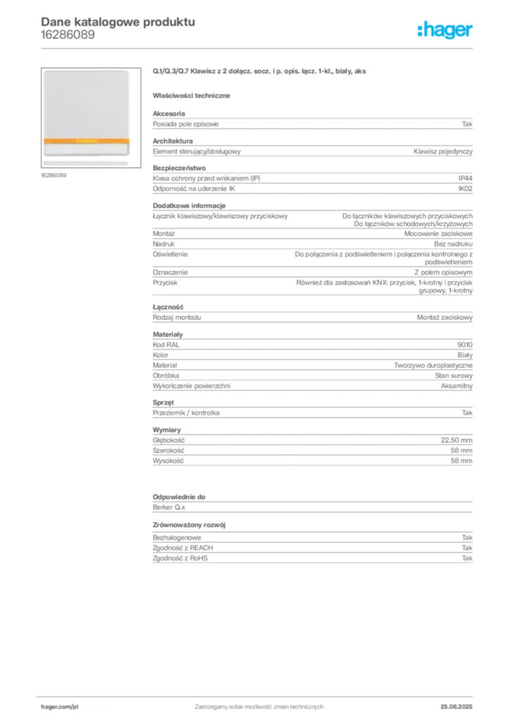 Zdjęcie Hager Karta katalogowa 16286089 | Hager Polska