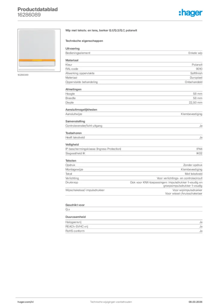 Afbeelding Hager Productdatablad 16286089 | Hager Nederland