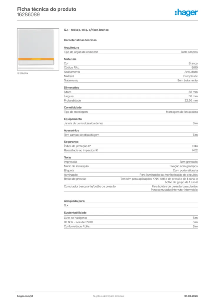 Imagem Hager Ficha técnica do produto 16286089 | Hager Portugal