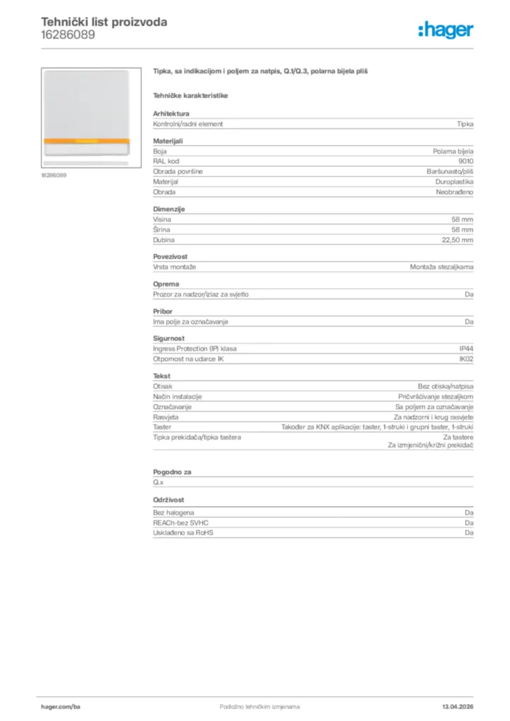 Slika Hager Tehnički list proizvoda 16286089  | Hager