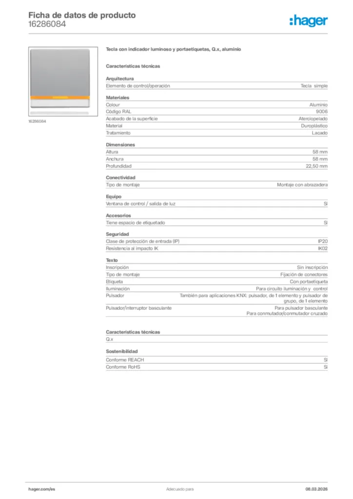Imagen Hager Ficha de datos de producto 16286084 | Hager España