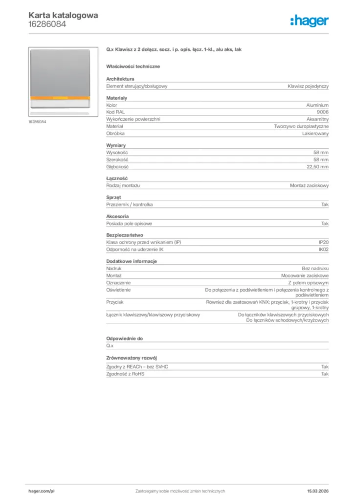 Zdjęcie Hager Karta katalogowa 16286084 | Hager Polska