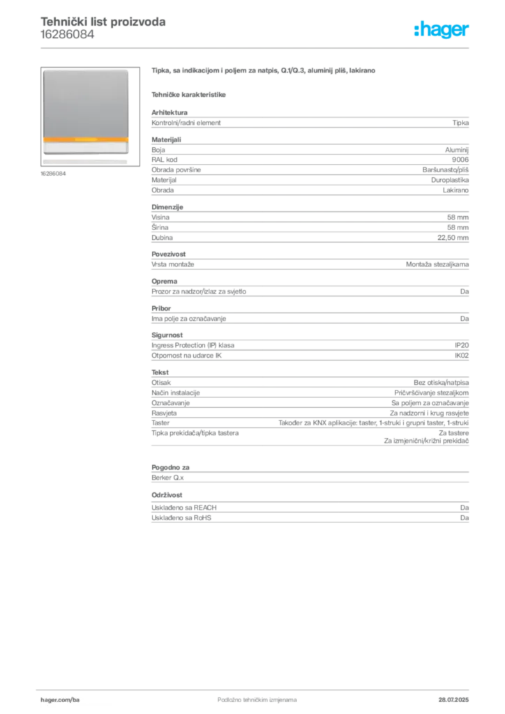 Slika Hager Product data sheet 16286084  | Hager