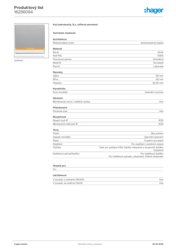 Obrázek Hager Product data sheet 16286084 | Hager