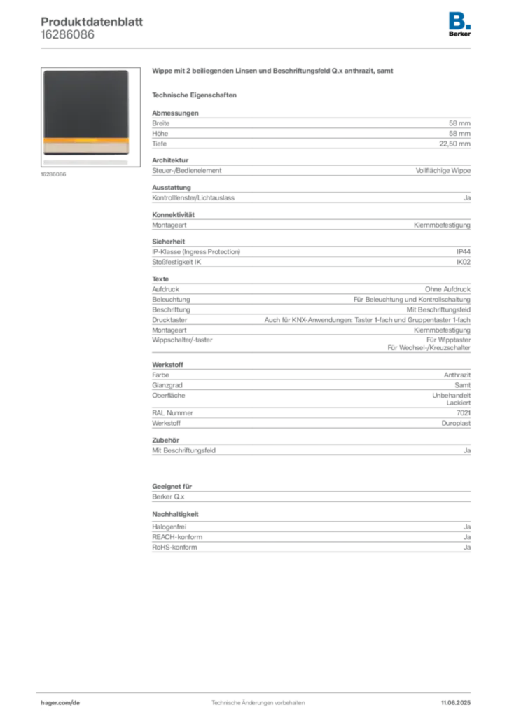 Bild Berker Produktdatenblatt 16286086 | Hager Deutschland