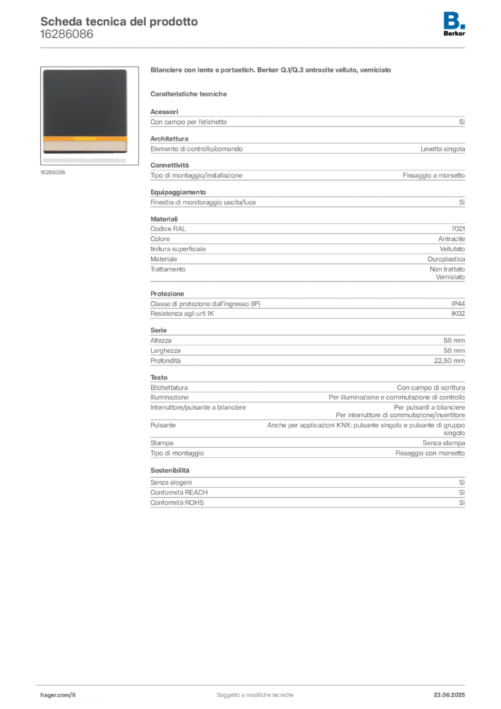 Immagine Berker Scheda tecnica del prodotto 16286086 | Hager Italia