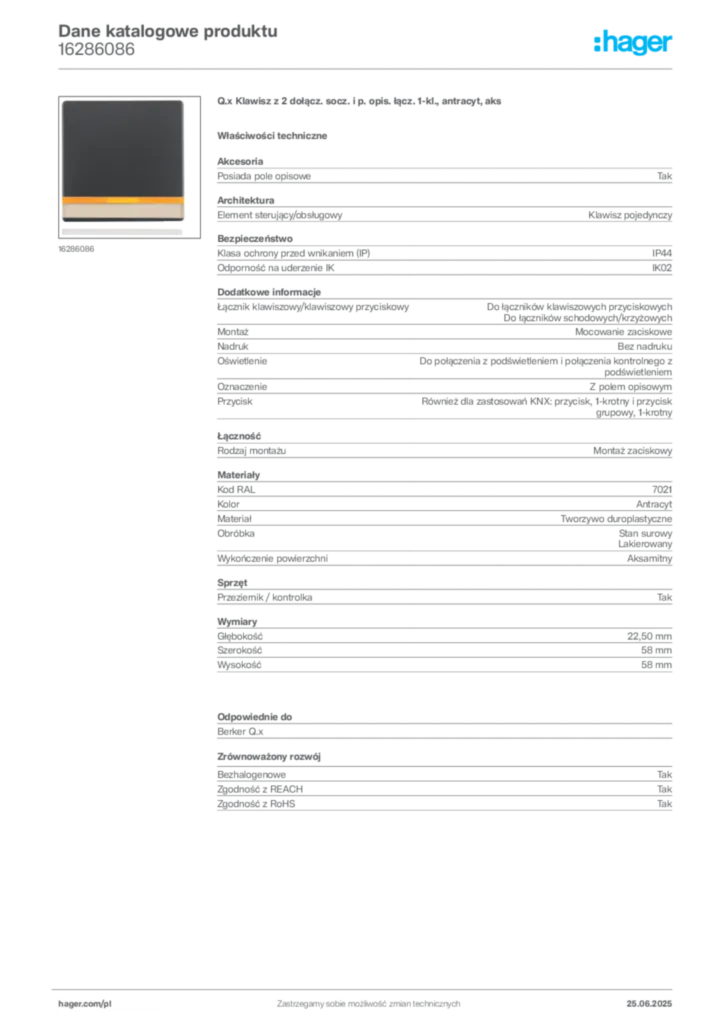 Zdjęcie Hager Karta katalogowa 16286086 | Hager Polska