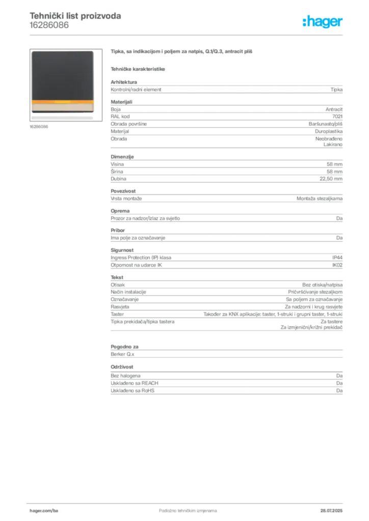 Slika Hager Product data sheet 16286086  | Hager