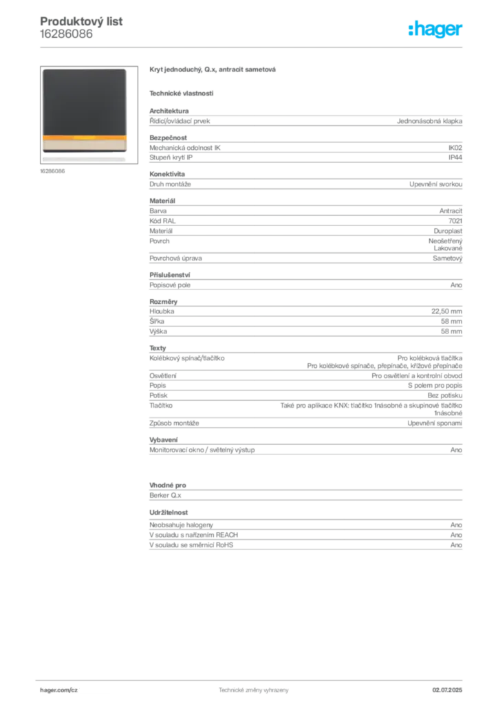 Obrázek Hager Produktový list 16286086 | Hager