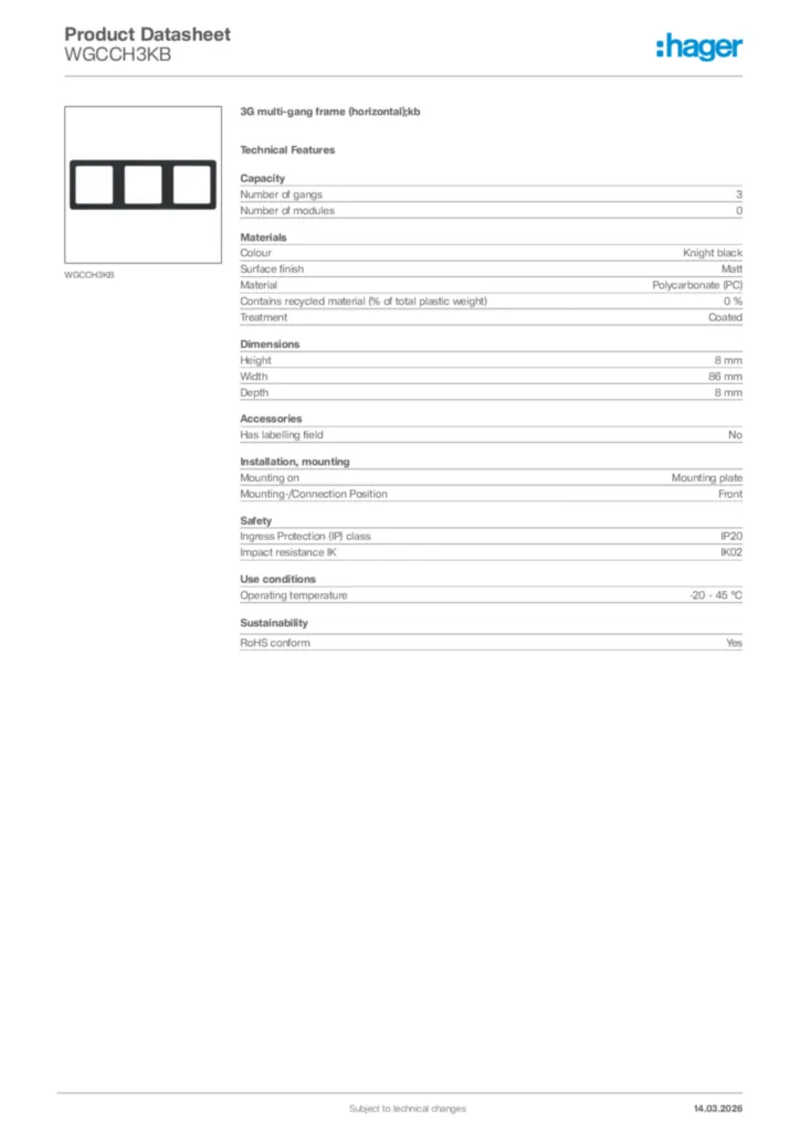 Image Hager Product data sheet WGCCH3KB  | Hager