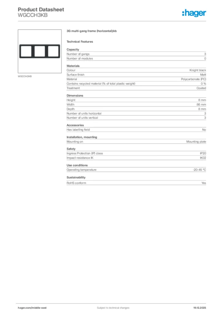Image Hager Product data sheet WGCCH3KB  | Hager