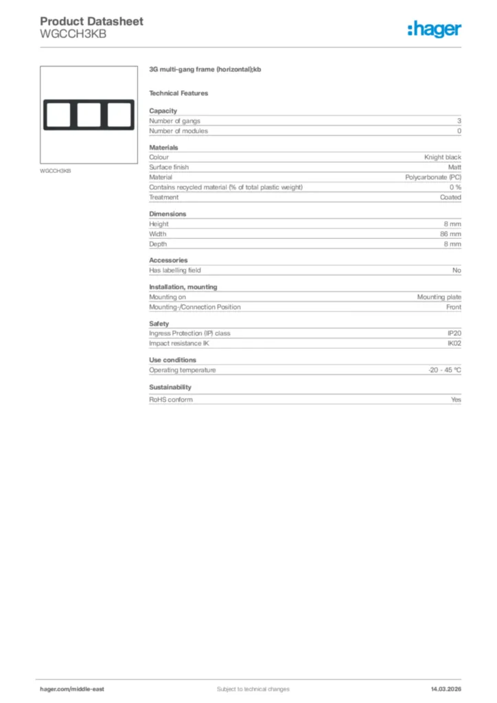 Image Hager Product data sheet WGCCH3KB  | Hager