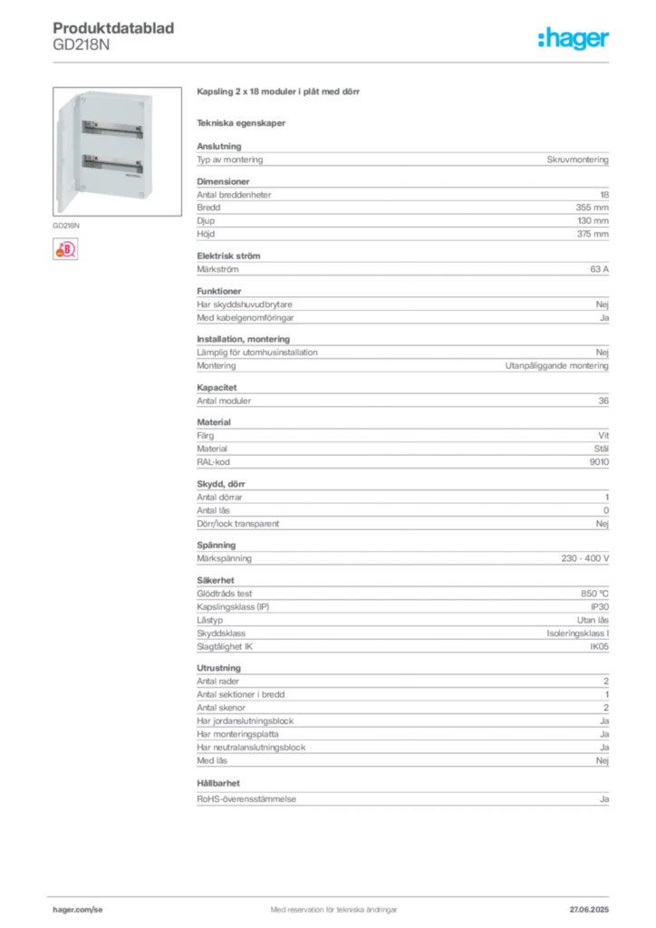 Bild Hager Produktdatablad GD218N | Hager Sverige