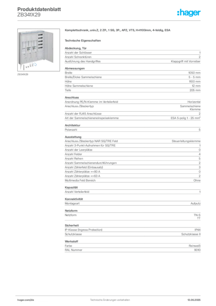 Bild Hager Produktdatenblatt ZB341X29 | Hager Deutschland