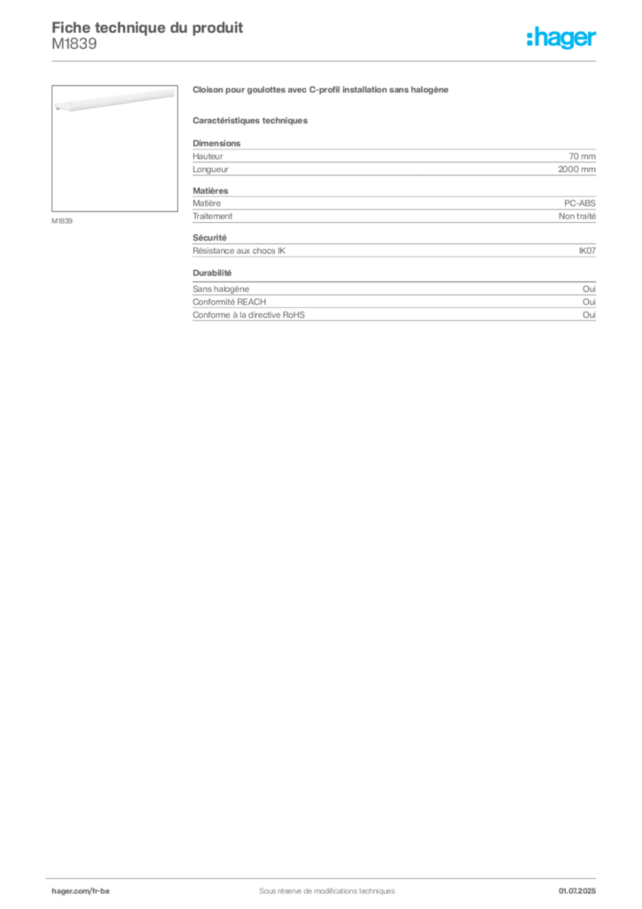 Image Hager Fiche technique du produit M1839 | Hager Belgique