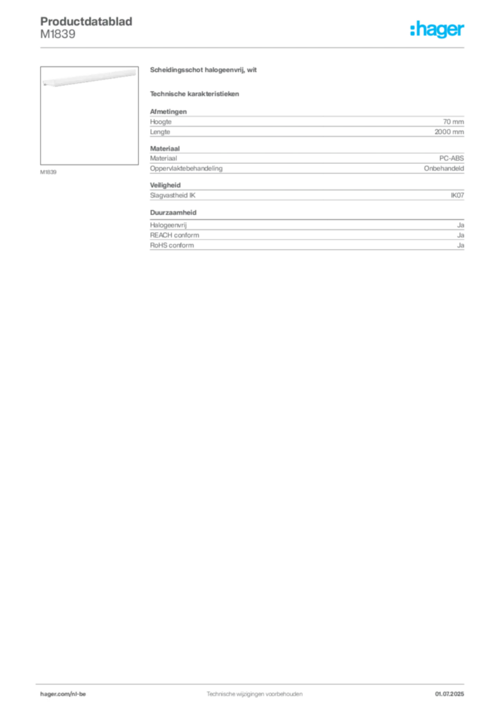 Afbeelding Hager Productdatablad M1839 | Hager Belgium