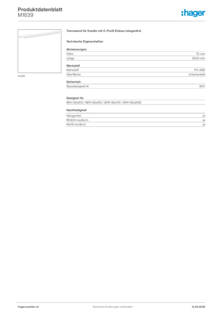 Bild Hager Produktdatenblatt M1839 | Hager Schweiz