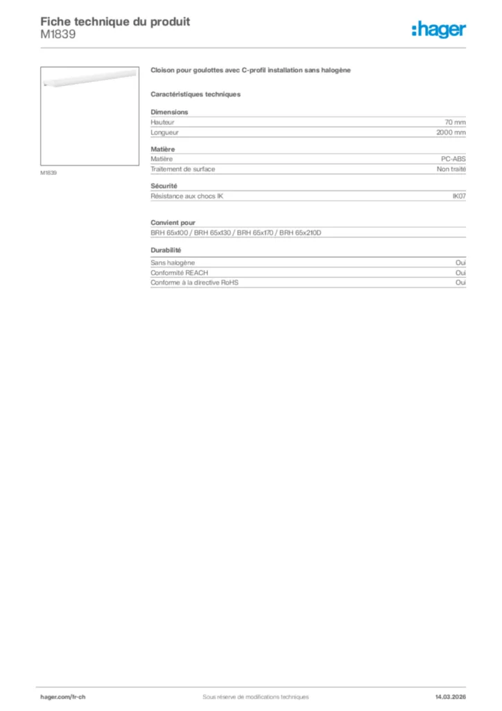 Image Hager Fiche technique du produit M1839 | Hager Suisse