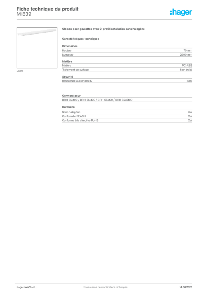 Image Hager Fiche technique du produit M1839 | Hager Suisse