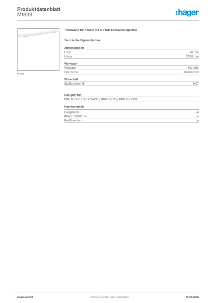 Bild Hager Produktdatenblatt M1839 | Hager Deutschland