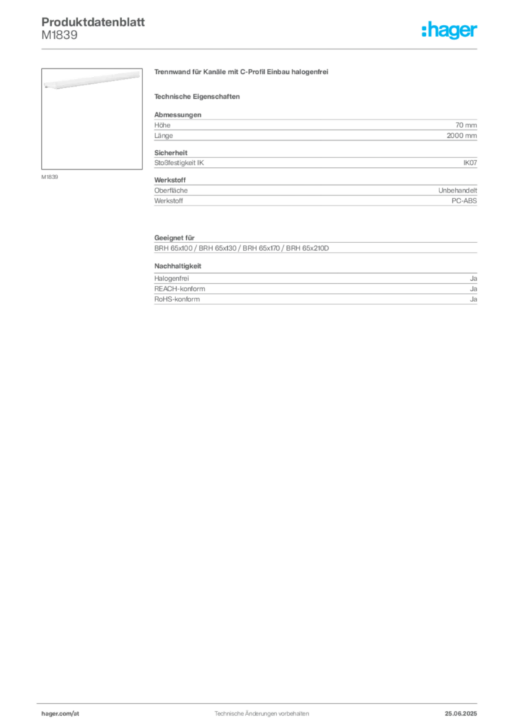 Bild Hager Produktdatenblatt M1839 | Hager Deutschland