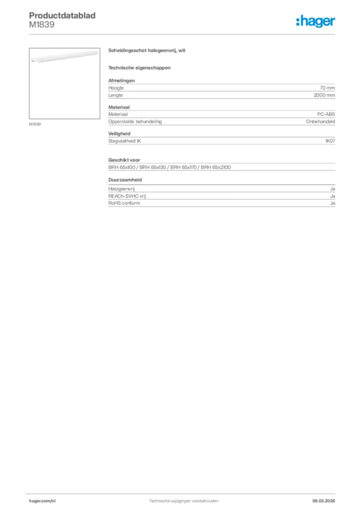 Afbeelding Hager Productdatablad M1839 | Hager Nederland