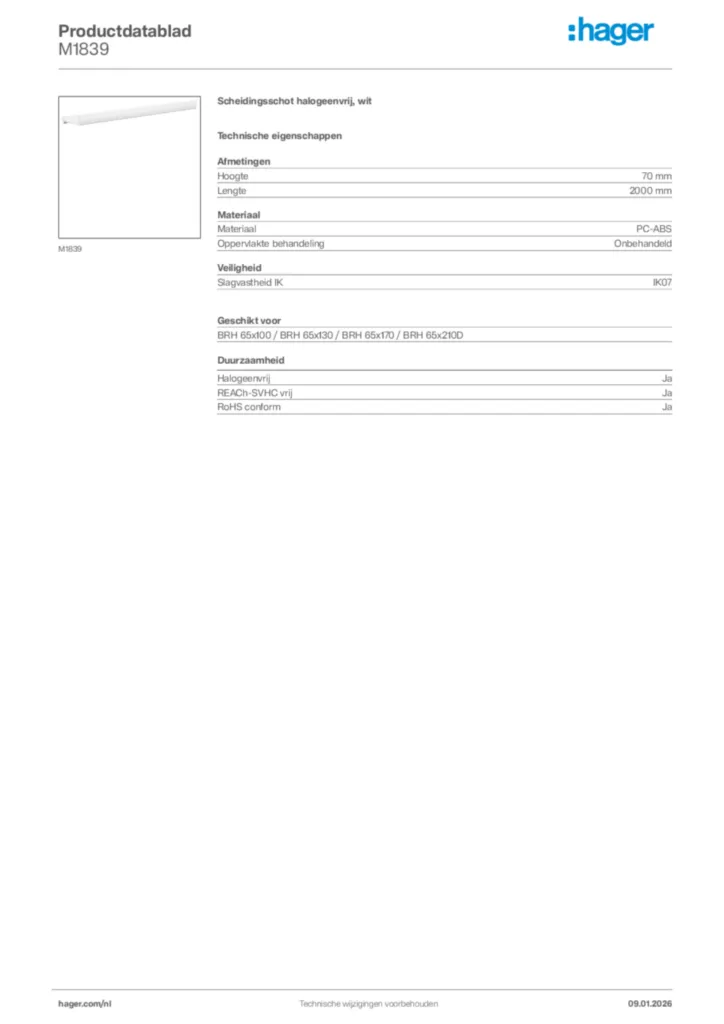 Afbeelding Hager Productdatablad M1839 | Hager Nederland