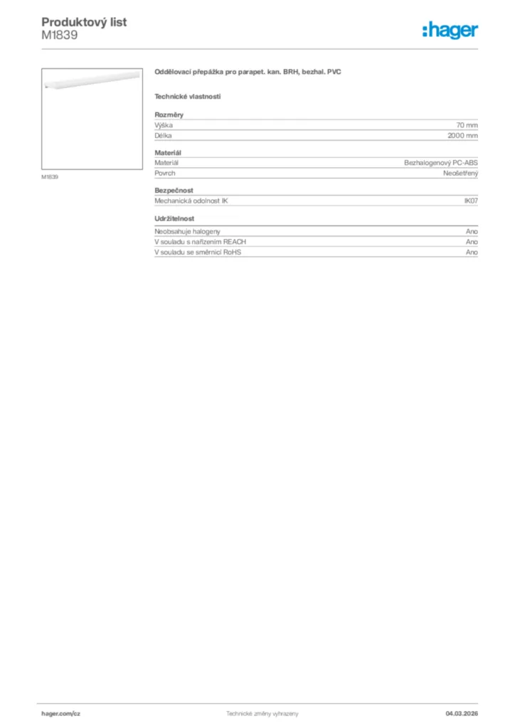 Obrázek Hager Product data sheet M1839 | Hager