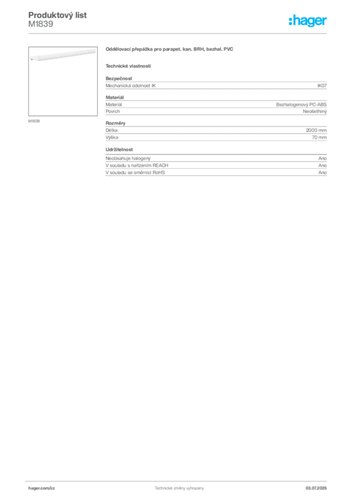 Obrázek Hager Produktový list M1839 | Hager