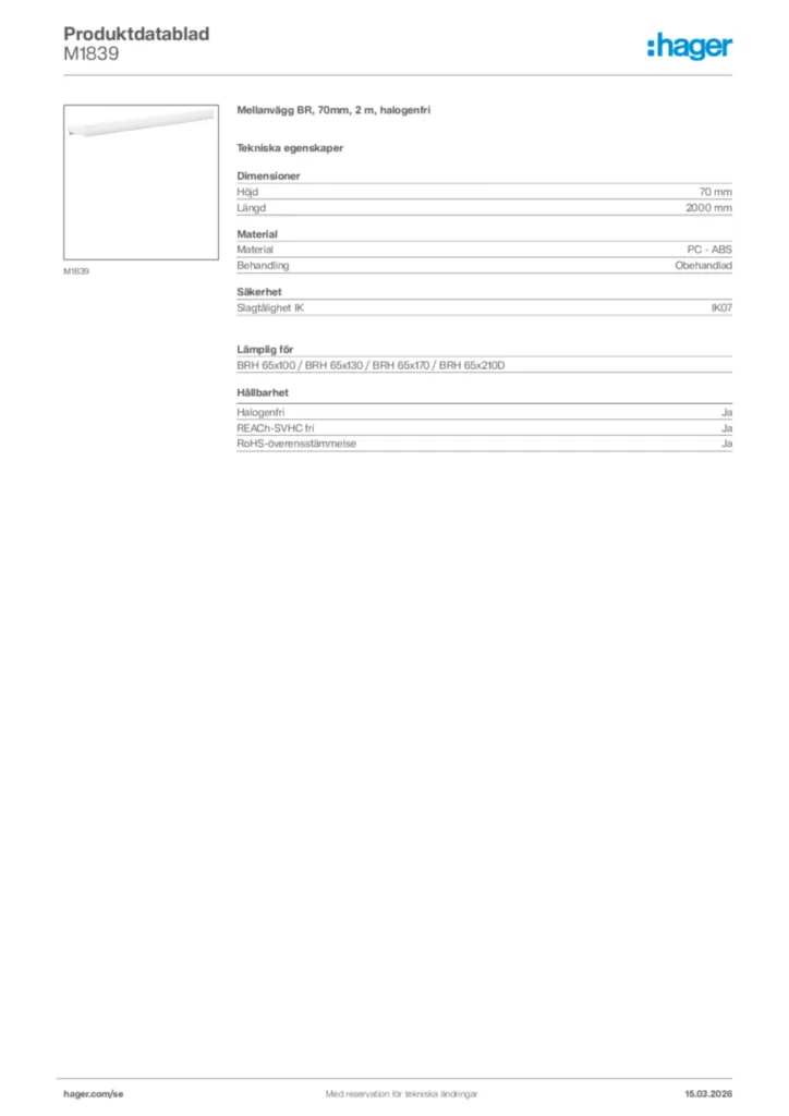 Bild Hager Produktdatablad M1839 | Hager Sverige