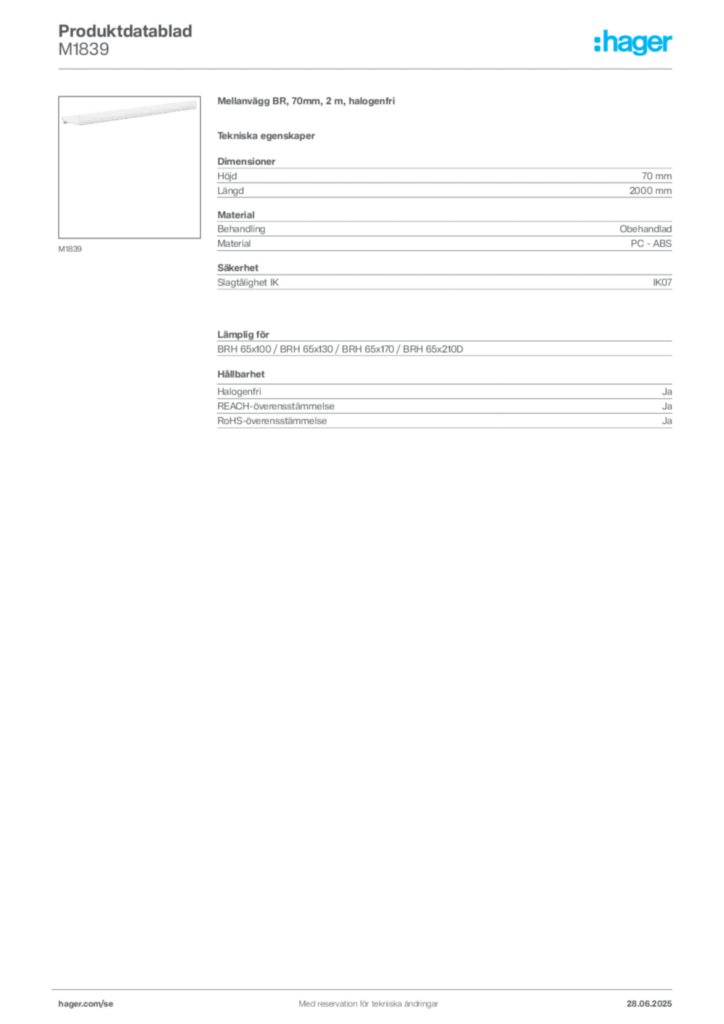 Bild Hager Produktdatablad M1839 | Hager Sverige