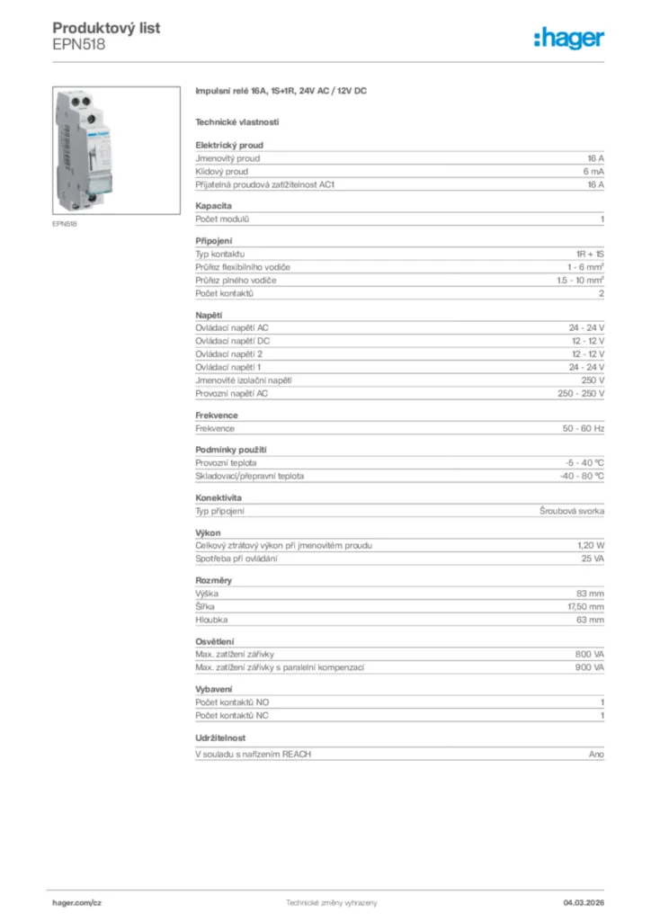 Obrázek Hager Product data sheet EPN518 | Hager