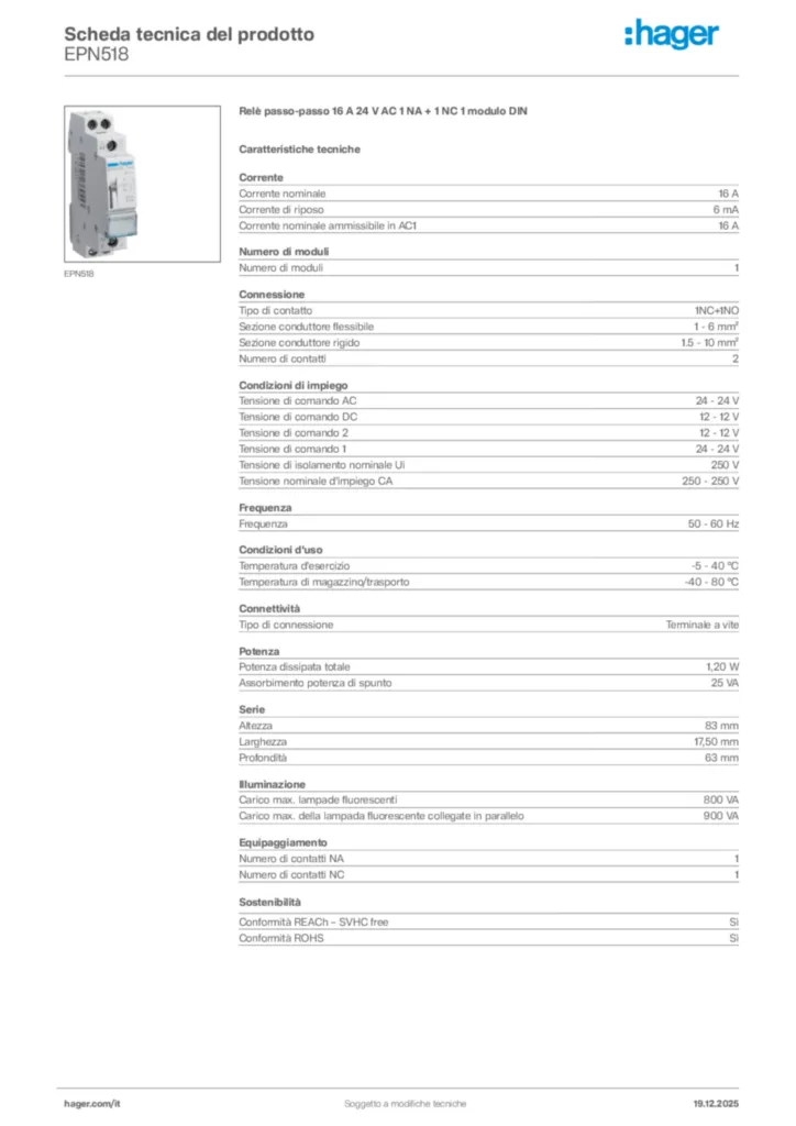 Immagine Hager Scheda tecnica del prodotto EPN518 | Hager Italia