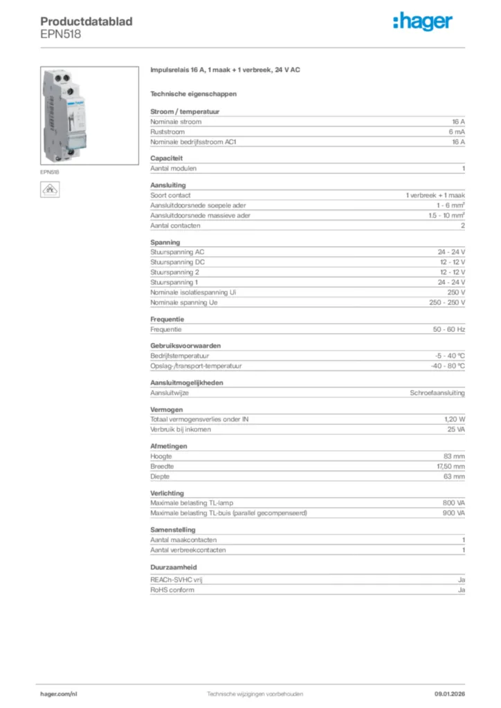 Afbeelding Hager Productdatablad EPN518 | Hager Nederland