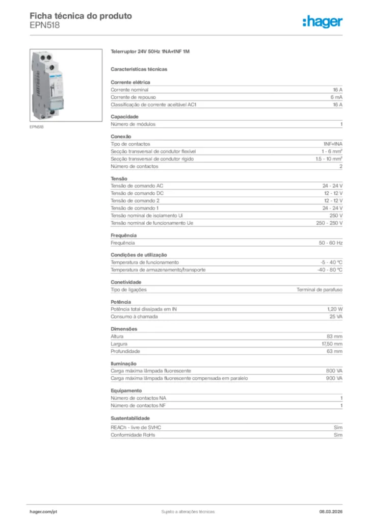 Imagem Hager Ficha técnica do produto EPN518 | Hager Portugal