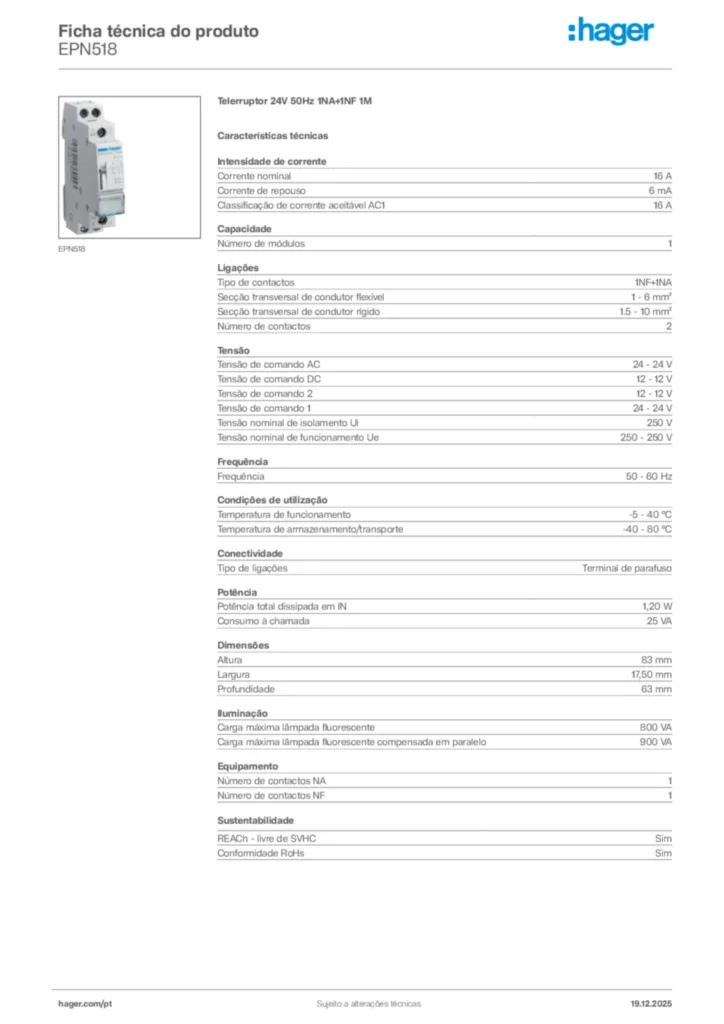 Imagem Hager Ficha técnica do produto EPN518 | Hager Portugal